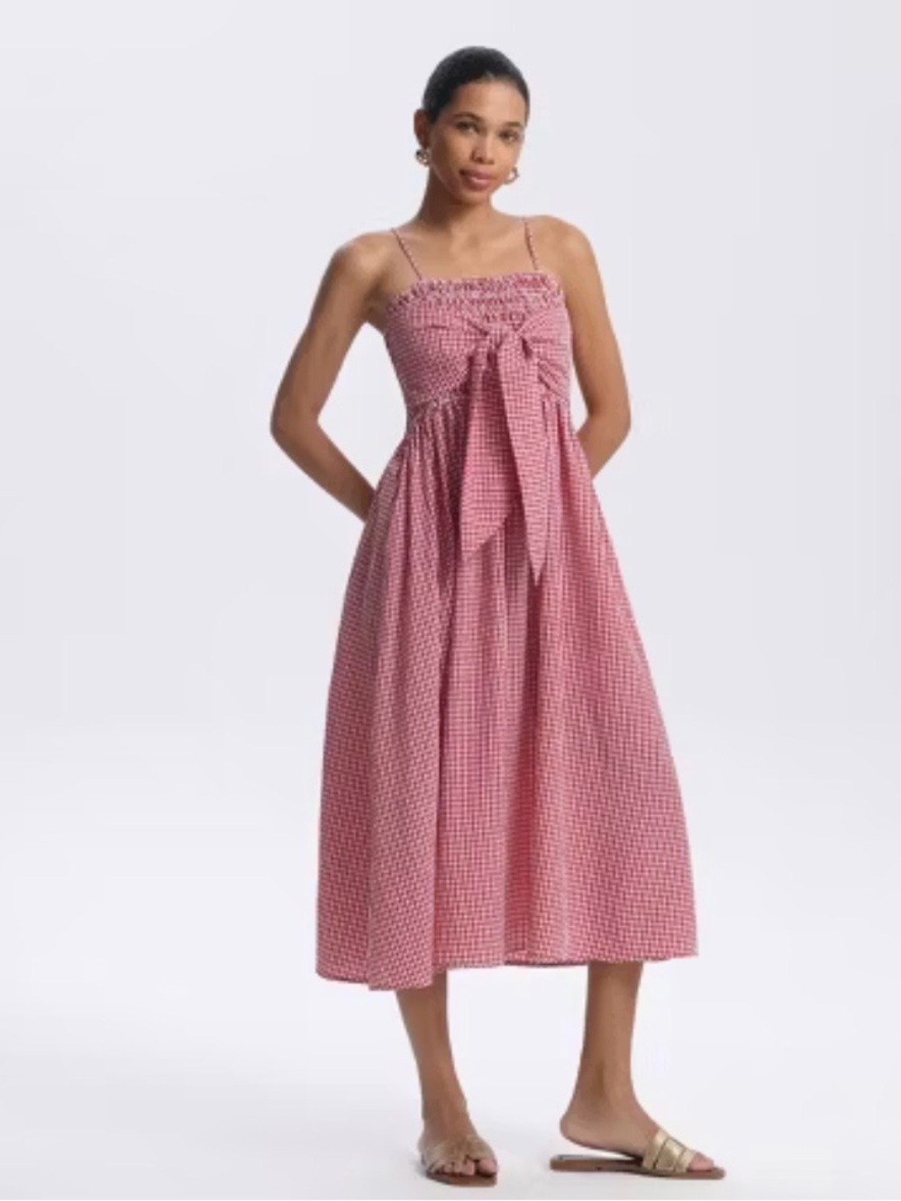 a new day Pink Gingham Smocked Midi Dress with Front Tie